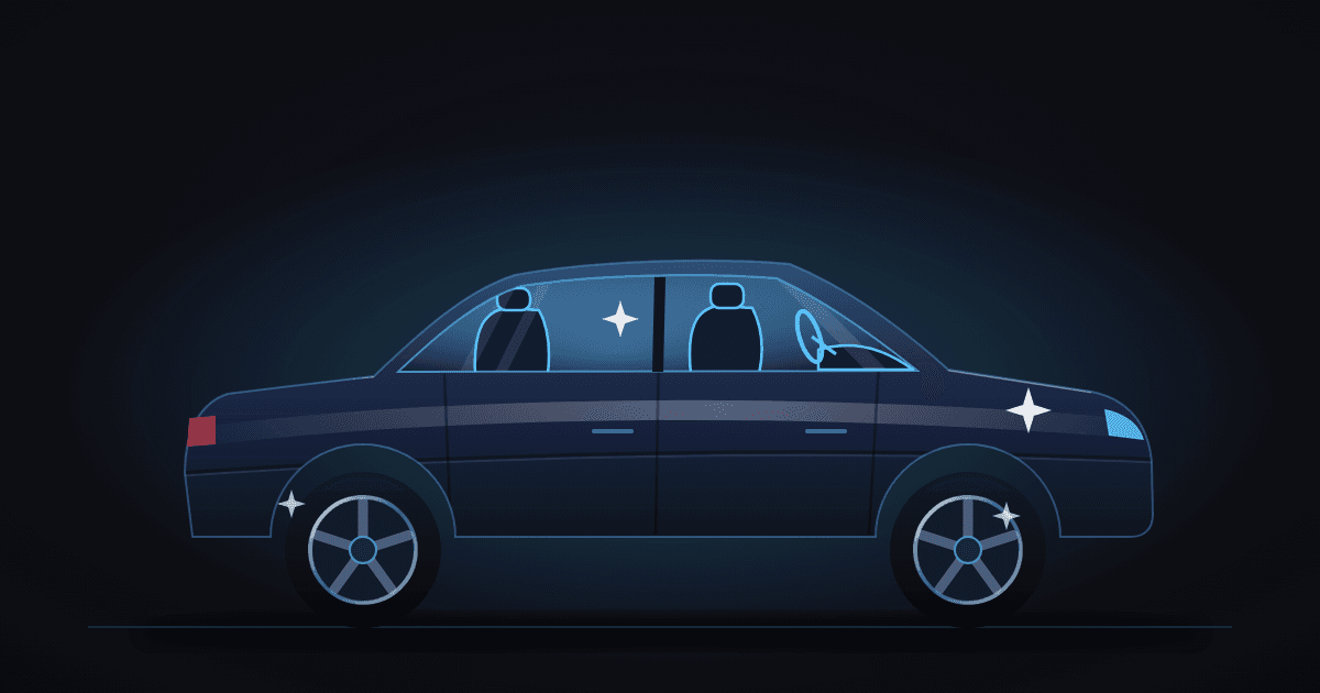 Illustration of a dark blue sedan in side profile with glossy paint and polished wheels, its transparent windows revealing a softly lit interior with seats, steering wheel and dashboard, suggesting care inside and out.